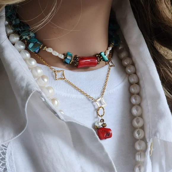 FP Ariana Ost Rare Designer Necklace Natural Coral Pearl Mother Of Pearl Stone - Picture 9 of 15